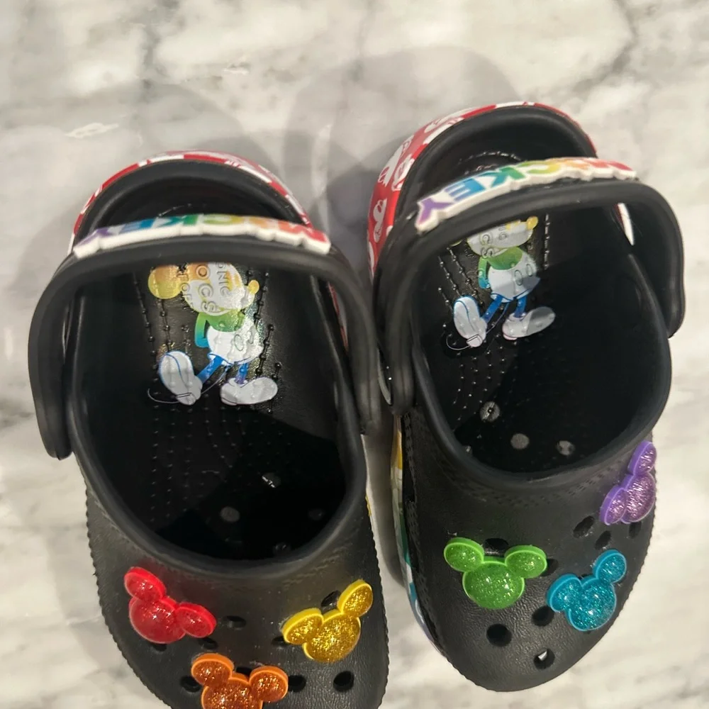 CROCS Black and Red Water Shoes with Mickey Mouse Charms